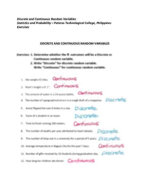 Image result for Discrete or Continuous Random Variable Worksheet