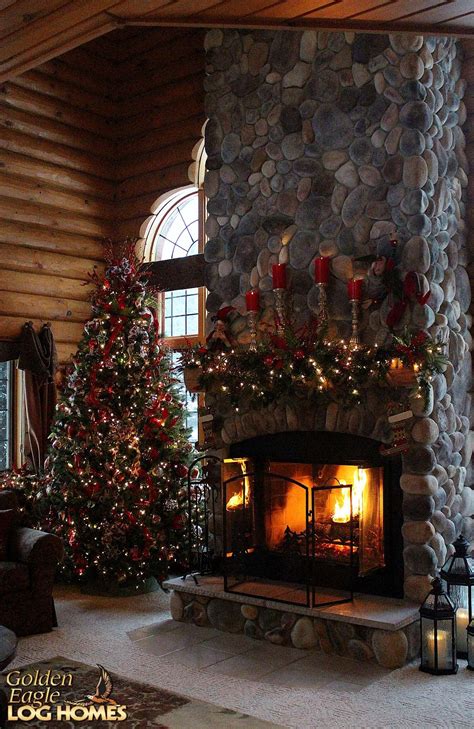 Toradh íomhá ar Christmas Tree Log Cabin Fireplace
