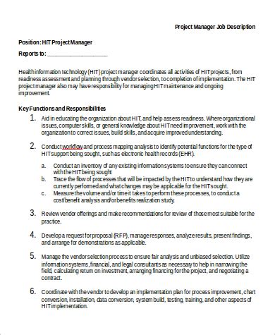 Image result for Project Manager Job Description Sample