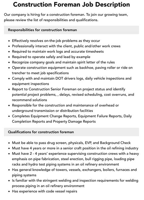 Image result for Foreman Job Description