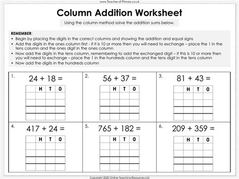 Afbeeldingsresultaten voor Column Method Addition Worksheets