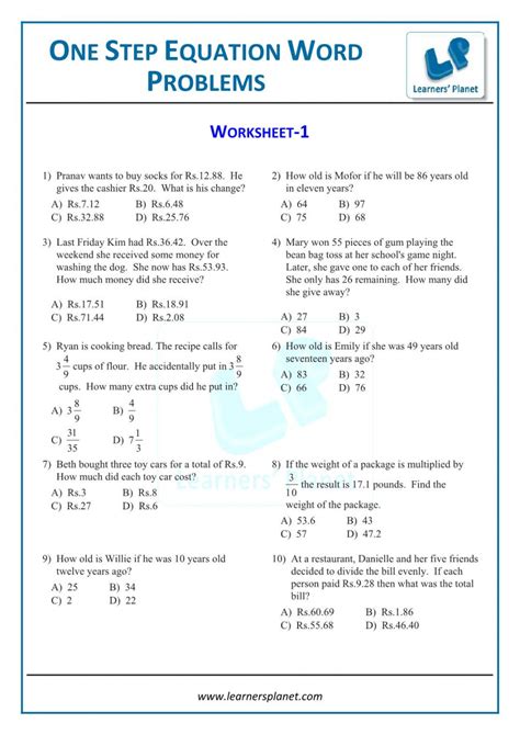Bildergebnis für One Step Equation Word Problems Worksheet