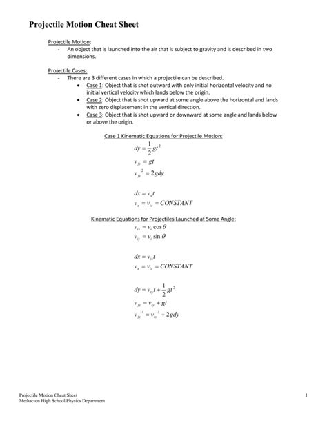 Toradh íomhá ar Projectile Motion Formula Sheet