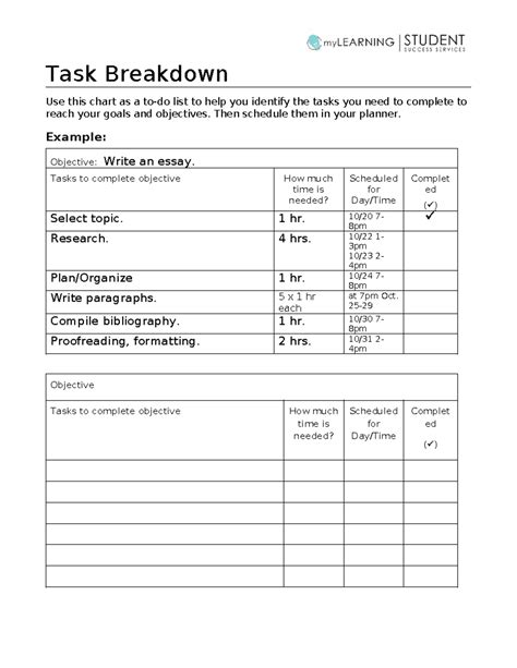 Toradh íomhá ar Task Breakdown Sheet