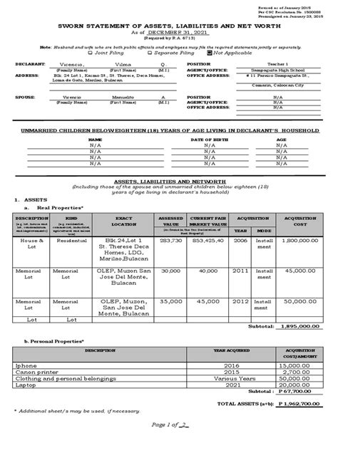Image result for SALN Form Example