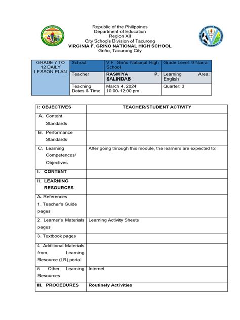 Toradh íomhá ar Daily Lesson Plan Sample