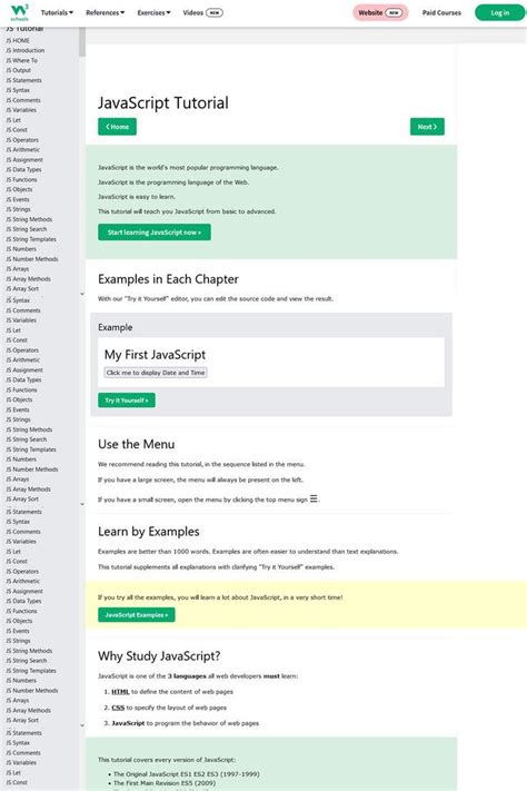 Image result for W3Schools JavaScript Learning Modules