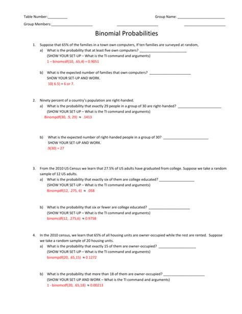 Image result for Binomial Distribution Worksheet with Answers