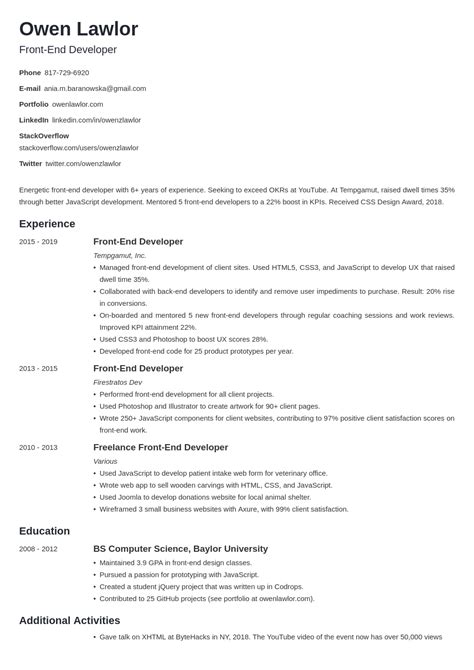 Image result for Front End Developer Resume Examples