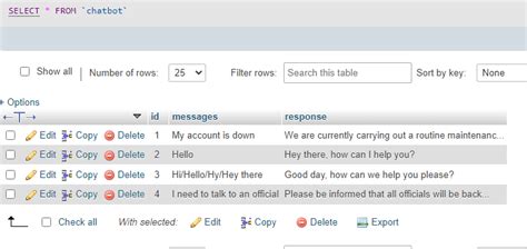Toradh íomhá ar Database Table in Student Chatbot MySQL