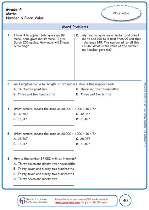Image result for Grade 4 Math Worksheets Word Problems