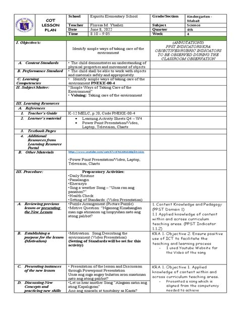 Image result for Sample Annotation for Cot Lesson Plan