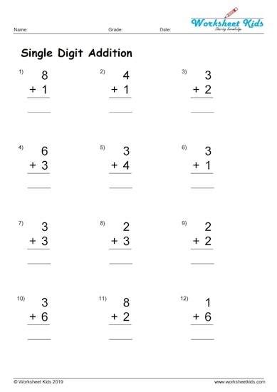 Image result for Single Digit Addition Worksheet for Class 1