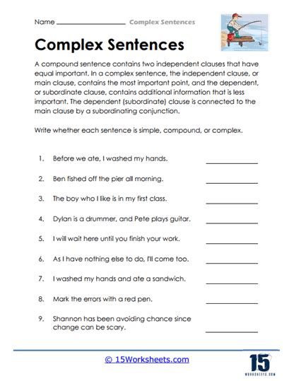 Complex Sentence Worksheet Printable に対する画像結果