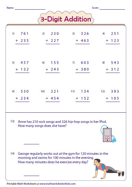 Afbeeldingsresultaten voor 3 4 Row Digit Addition Worksheets