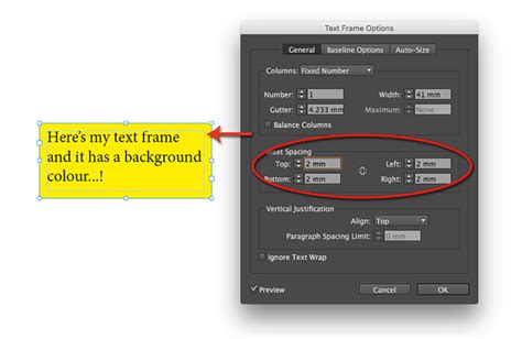 Image result for InDesign Text Framedialog Box