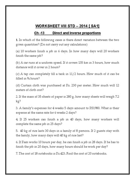 Image result for Direct and Inverse Proportionality Worksheet