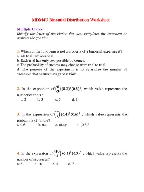 Image result for AP Statistics Binomial Distribution Worksheet