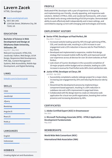Afbeeldingsresultaten voor HTML Resume Example Code