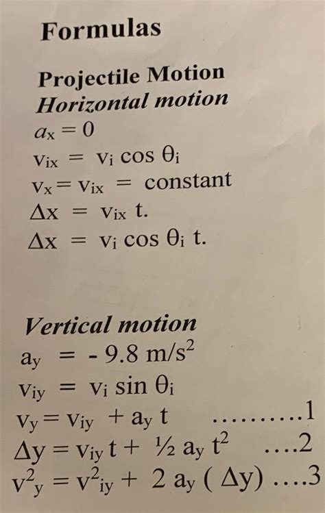 Toradh íomhá ar Projectile Motion Formula Sheet