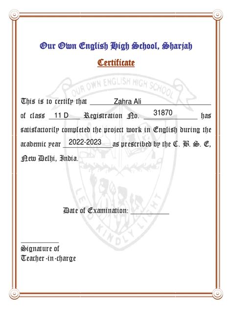 Certificate for English Project Class 12 に対する画像結果