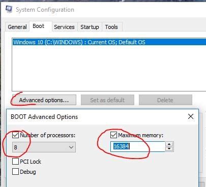 Toradh íomhá ar Boot Advanced Options Number of Processors