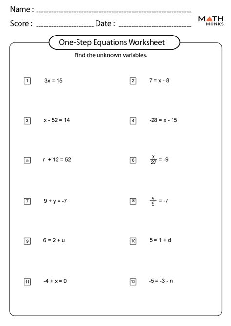 One Step Equations Math Worksheets に対する画像結果