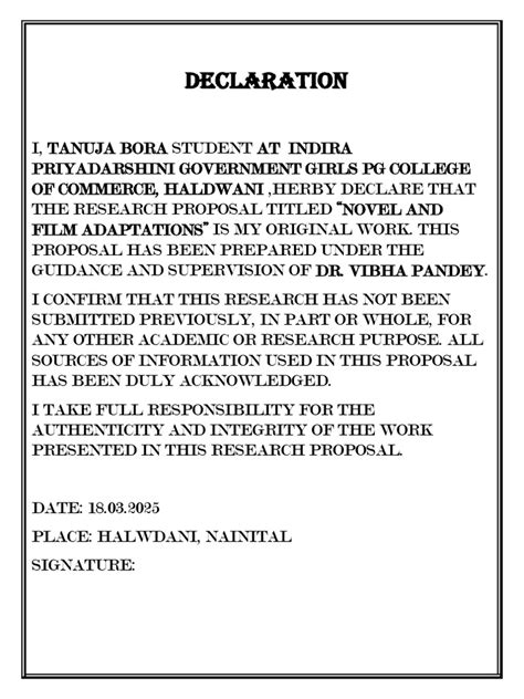 Image result for Example of Declaration in Research Project