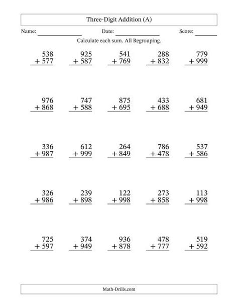 Image result for Three-Digit Addtion Worksheet Grade 3
