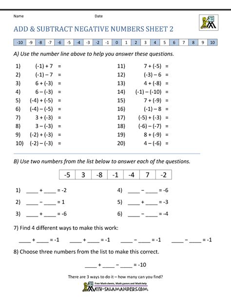 Toradh íomhá ar Negative Number Addition Worksheets