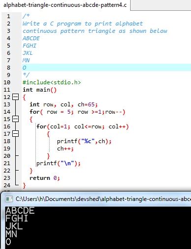 Toradh íomhá ar Alphabet Pattern Programs