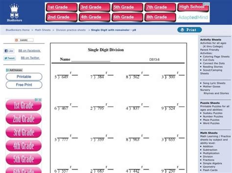 Image result for Simple Single Digit Division Worksheet
