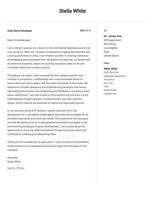 Image result for Game Developer Cover Letter