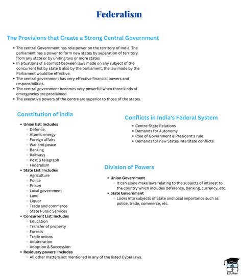 Toradh íomhá ar Key Features of Federalism Class 10 Mind Map