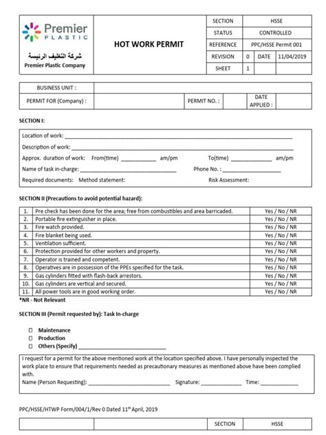 Image result for Hot Work Permit Form