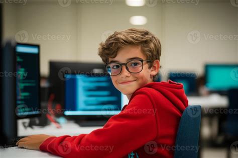 Young boy coding at a computer in a classroom environment during a ...