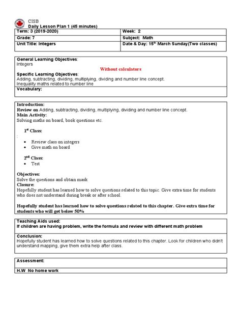 Image result for Lesson Plan for 7th Grade Math