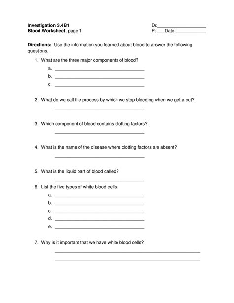 Image result for Components of Blood Worksheet Answers PDF