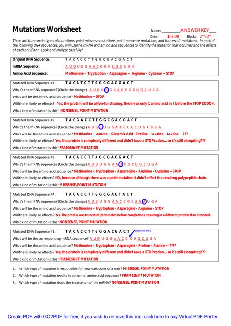 Image result for DNA Mutations Practice Worksheet DNA Sequencing Answer Key