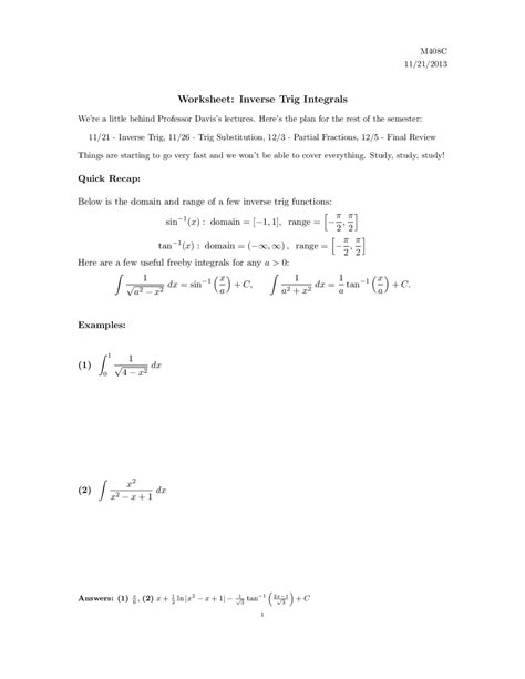 Image result for Inverse Trig Functions Worksheet.doc
