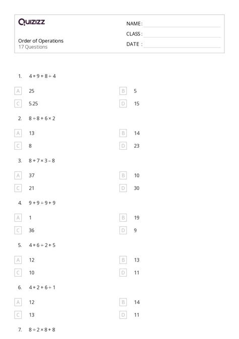 Image result for Order of Operations Worksheet for Grade 6