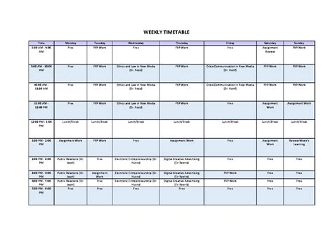 Image result for Weekly Timetable