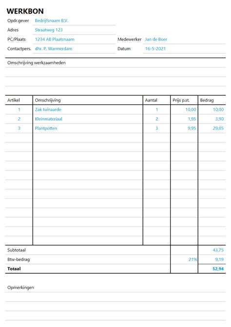 Image result for Werkbon Voorbeeld Excel