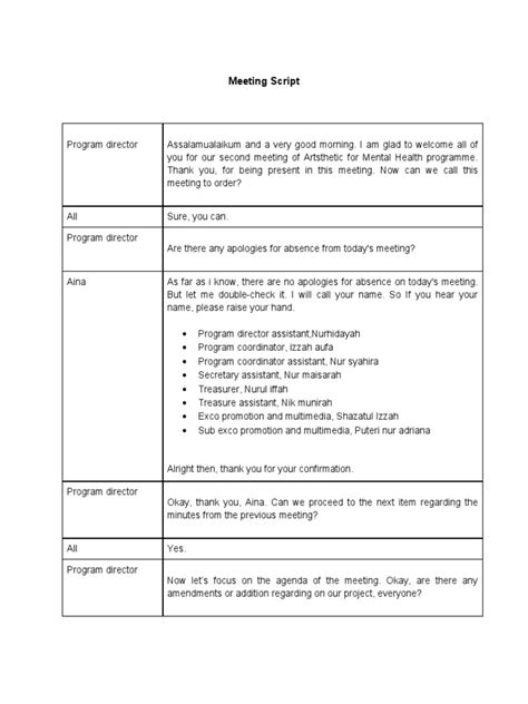 Image result for Formal Meeting Script Example