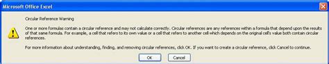 Résultat d’images pour Excel Circular Reference Warning Message