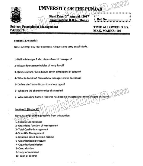 Toradh íomhá ar Question Paper BBA Human Resource Management