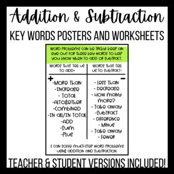 Image result for Addition and Subtraction Key Words Worksheet