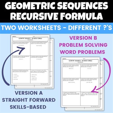 Geometric Sequences Recursive Formula Differentiated Worksheets Algebra 1