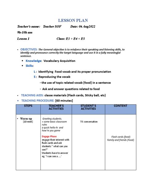 PPP Lesson Plan Examples for Elementary Food に対する画像結果