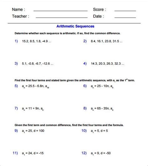 Toradh íomhá ar arithmetic sequence worksheets